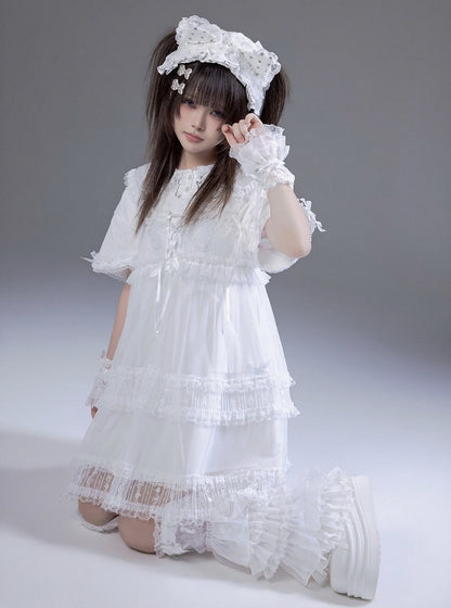 Peter Pan Collar Short Sleeve T-Shirt Dress with Print & Bows - Fluffy Heart