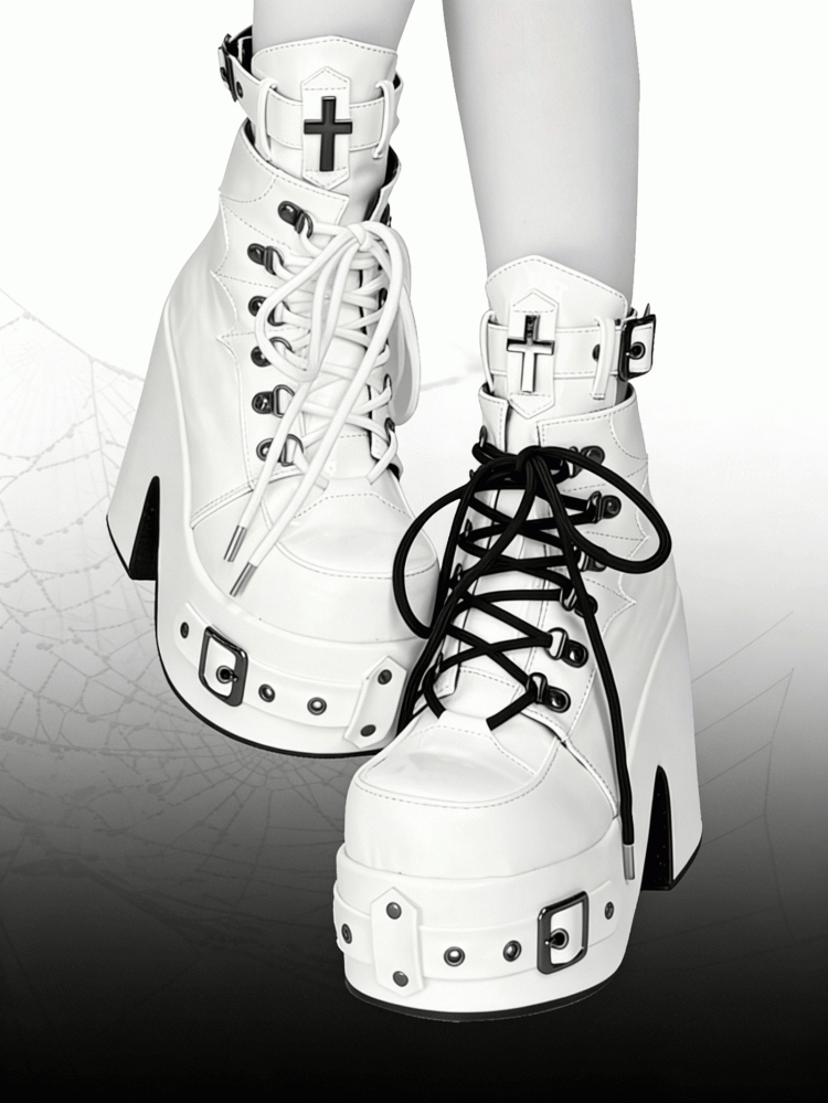 White Gothic Platform 12CM High Heel Boots with Buckle & Spiderweb Design - Transfer Student