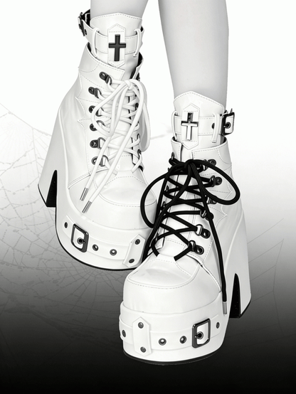 White Gothic Platform 12CM High Heel Boots with Buckle & Spiderweb Design - Transfer Student