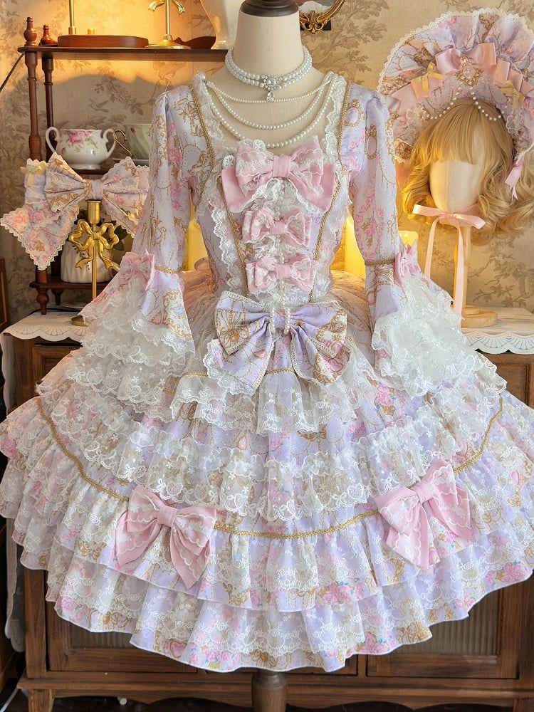 Floral Lolita OP Print Bow and Dress Purple Sleeves Trim with Bell Accents Lace