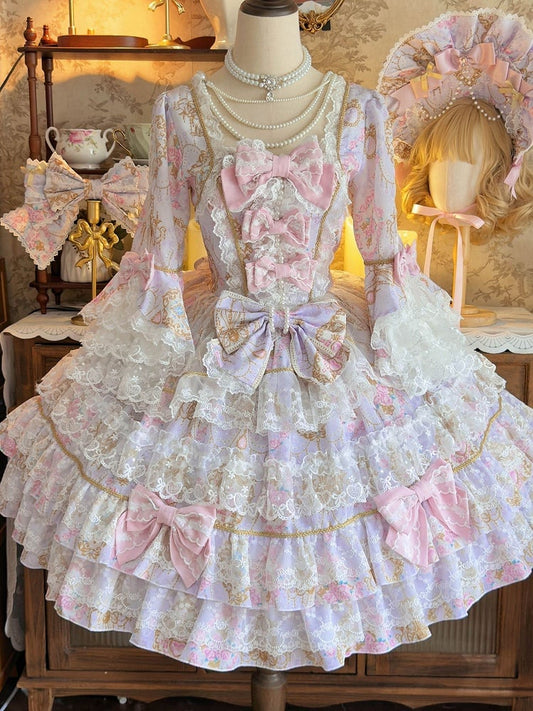 Floral Lolita OP Print Bow and Dress Purple Sleeves Trim with Bell Accents Lace