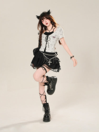 レーストリムハイスカート グラマラスティアードミニメッシュブラックウエスト