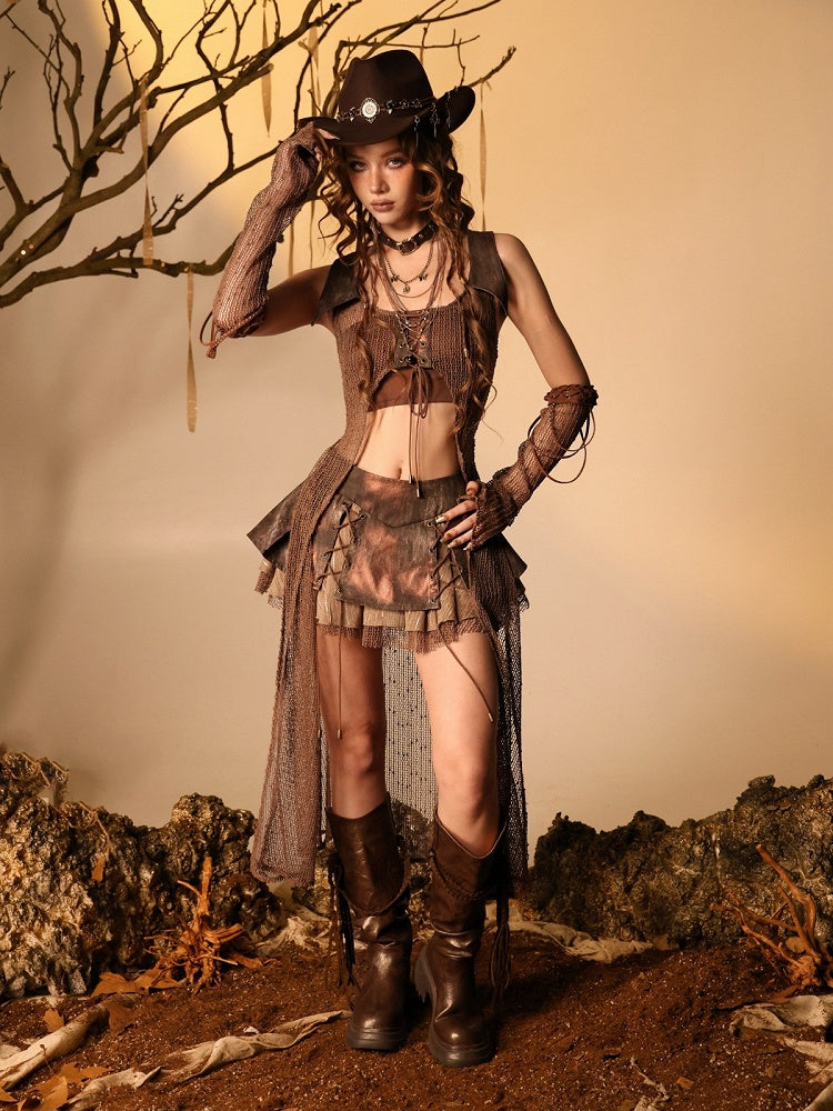 Wasteland Brown Cardigan with Sheer Mesh Cutouts - Virtual Orbit