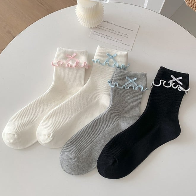 6 Ruffled Contrast Options Trim Ankle Socks Details Color Bowknot