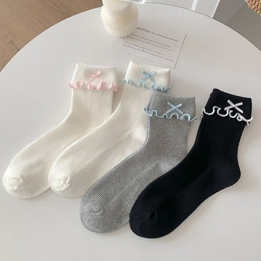 6 Ruffled Contrast Options Trim Ankle Socks Details Color Bowknot