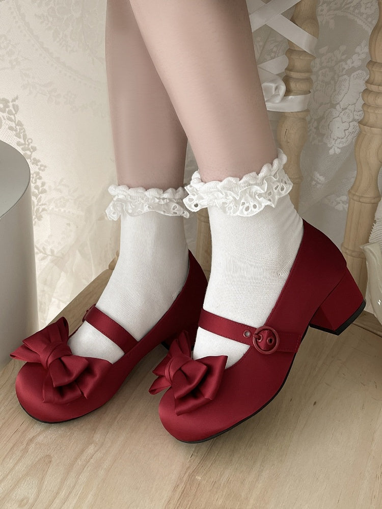 Lolita Red Ankle Round Bow Top Elegant Mary Lace-up Toe at Janes Satin Heel Mid