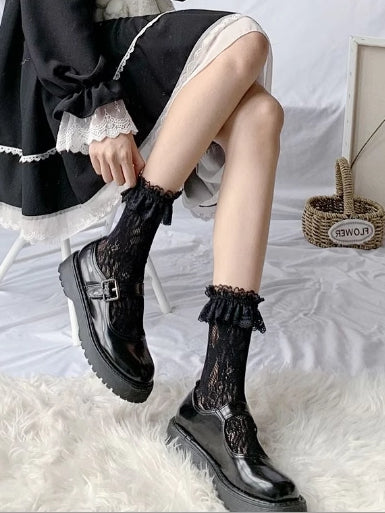 Gray/White/Black/Beige Calf Socks Lace Trim Design Hollow-out