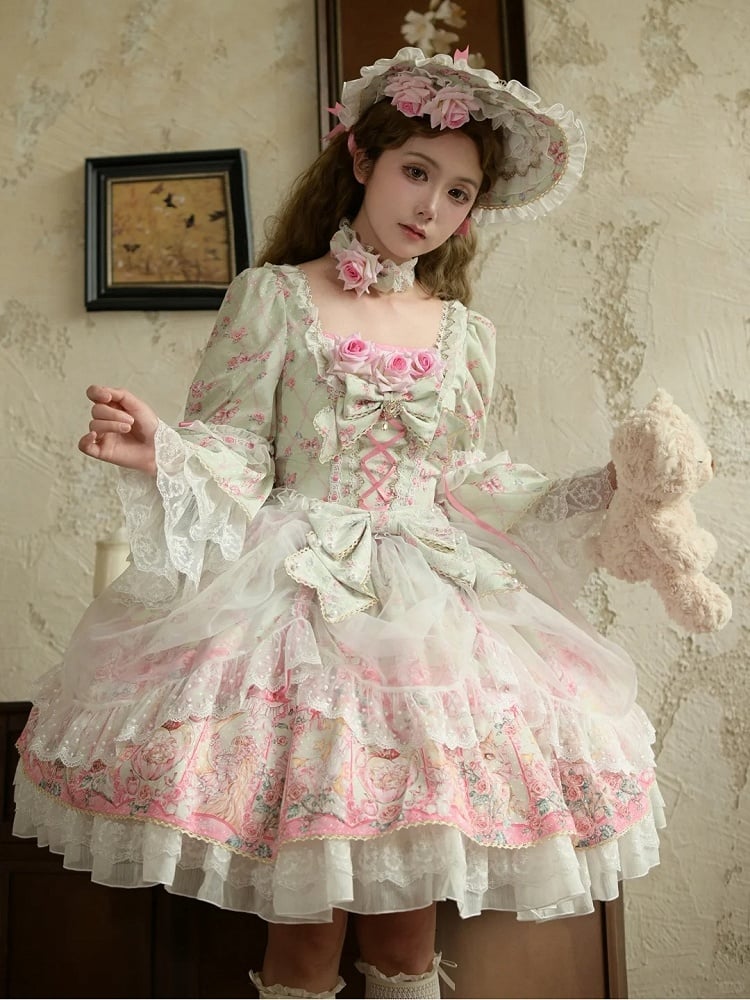 Mint Green Rosette Print Rococo Fashion Inspired Lolita Dress Square Neckline Bell Sleeves OP / Full Set