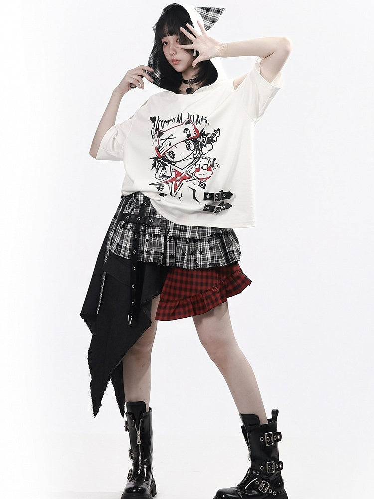 Red & Black Asymmetrical Plaid Skirt Overlay - PINK SAVIOR
