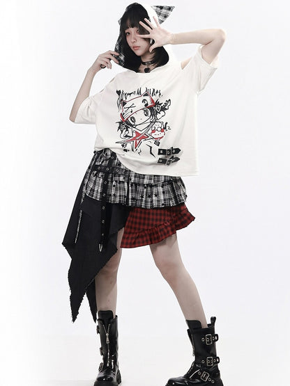 Red & Black Asymmetrical Plaid Skirt Overlay - PINK SAVIOR