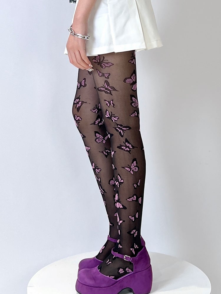Y2K Strumpfhose mit Schmetterlingsstickerei in Schwarz