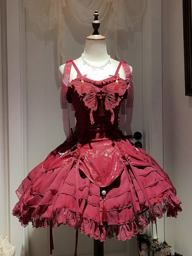タッセル付きフェアリージャンパースリーブ、蝶のカスケード装飾スカート、赤いロリータフリル