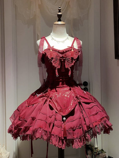 タッセル付きフェアリージャンパースリーブ、蝶のカスケード装飾スカート、赤いロリータフリル