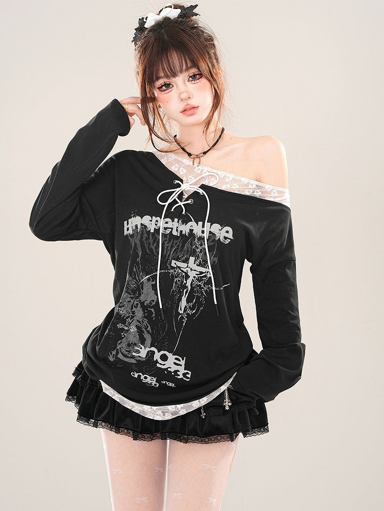 Black Asymmetrical Neckline Lace-up Detail Graphic Top