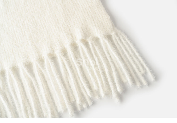 White Fringe Hem Knit Scarf