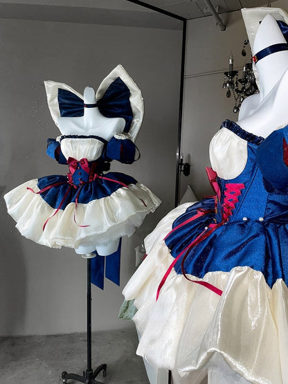 Waist Large Ribbon with Basque Blue Red Snow Accents Princess Bow and Balletcore White Vibes Dress