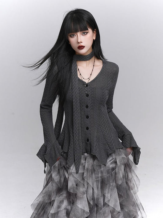 Hem Gray Knit Irregular Strap Gothic Sleeve Button-Down Cardigan with Neck