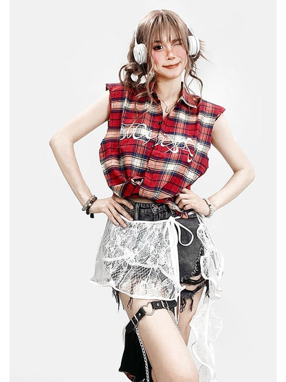 レター ノースリーブ パターン レッド シャツ チェック柄 刺繍 Y2K