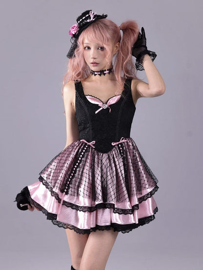 Black & Pink Hime Gyaru Baroque Embossed Boned Waist Tiered Dress