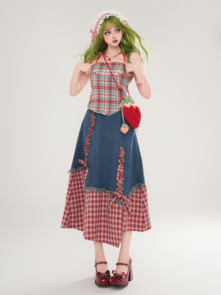 Denim Mit Patchwork Kleid Blaue Träger Rot Marine Selbstbinden Plaid Und