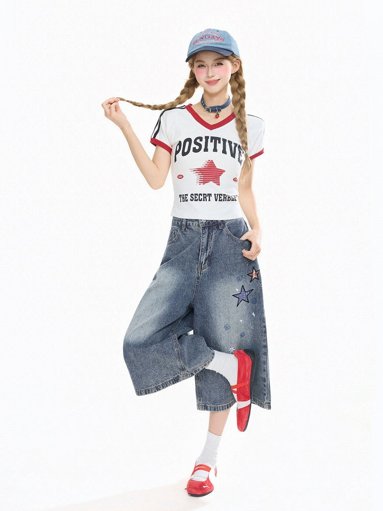 Blue Cropped Wide-Leg Denim Pants Star Appliqué
