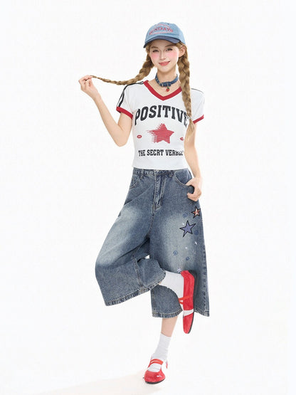Blue Cropped Wide-Leg Denim Pants Star Appliqué