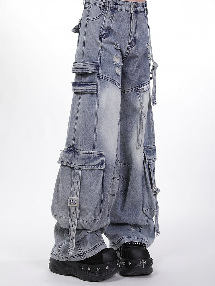 Wash Blue Distressed Cargo Jeans with Adjustable Strap Accents Faded