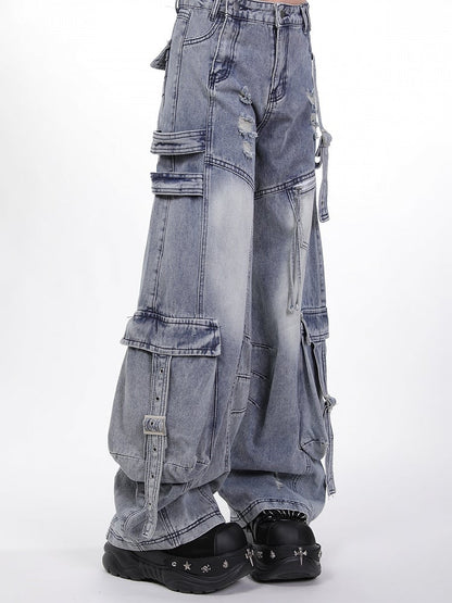 Wash Blue Distressed Cargo Jeans with Adjustable Strap Accents Faded