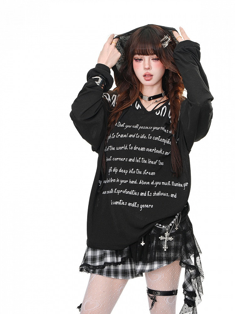 Hoodie V-Ausschnitt Schwarz/Weiß/Blau Buchstabendruck Locker Halbtransparent