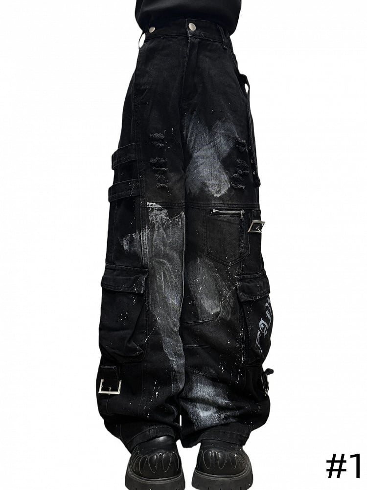 Design Cargo Black Pockets with Jeans Wide-leg Distressed