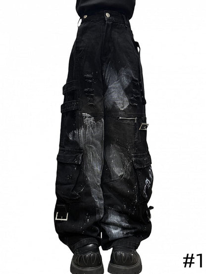 Design Cargo Black Pockets with Jeans Wide-leg Distressed