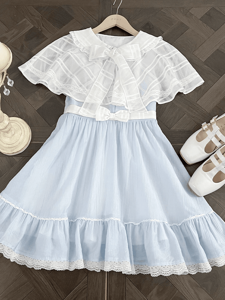 Jirai Kei Light Blue Peter Pan Collar Cape Design Faux Two-pieces Dress