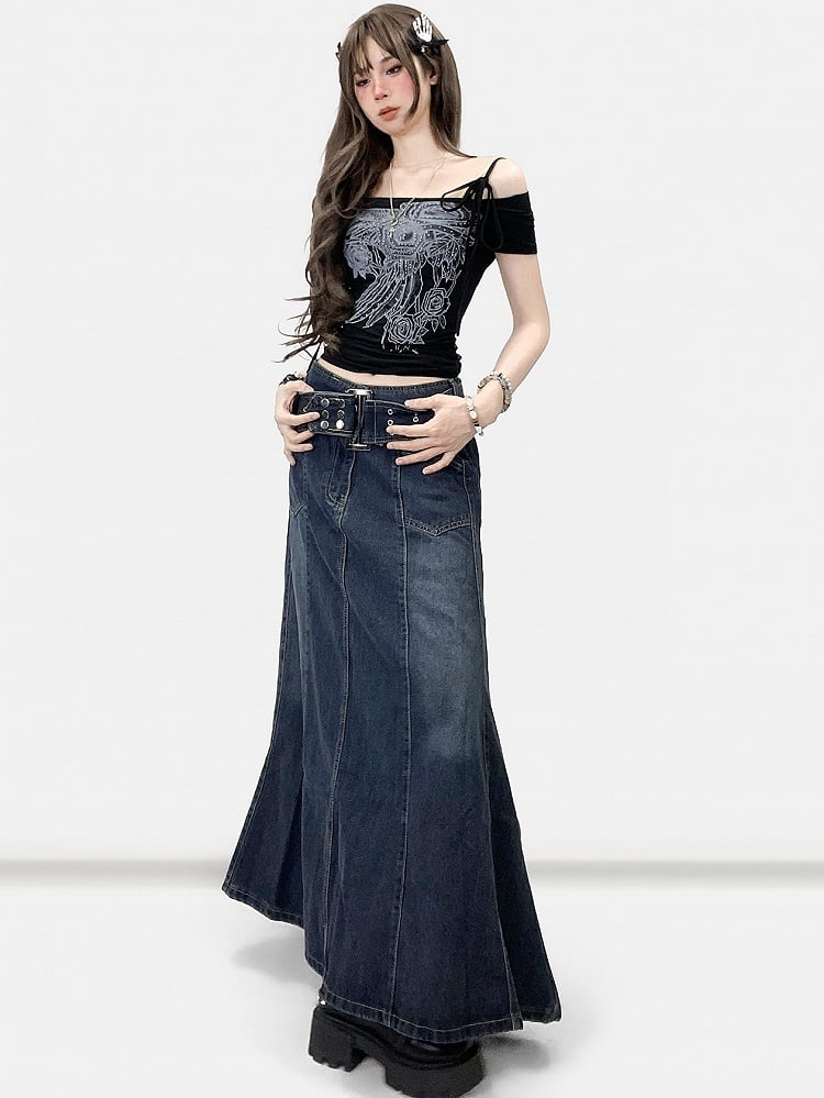 Schulterfreier Ausschnitt, verziert mit floralem schwarzem Strass-T-Shirt-Design Y2K