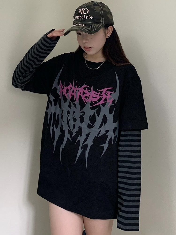 ブラックフェイクツーピースグラフィックTシャツ