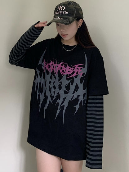 ブラックフェイクツーピースグラフィックTシャツ