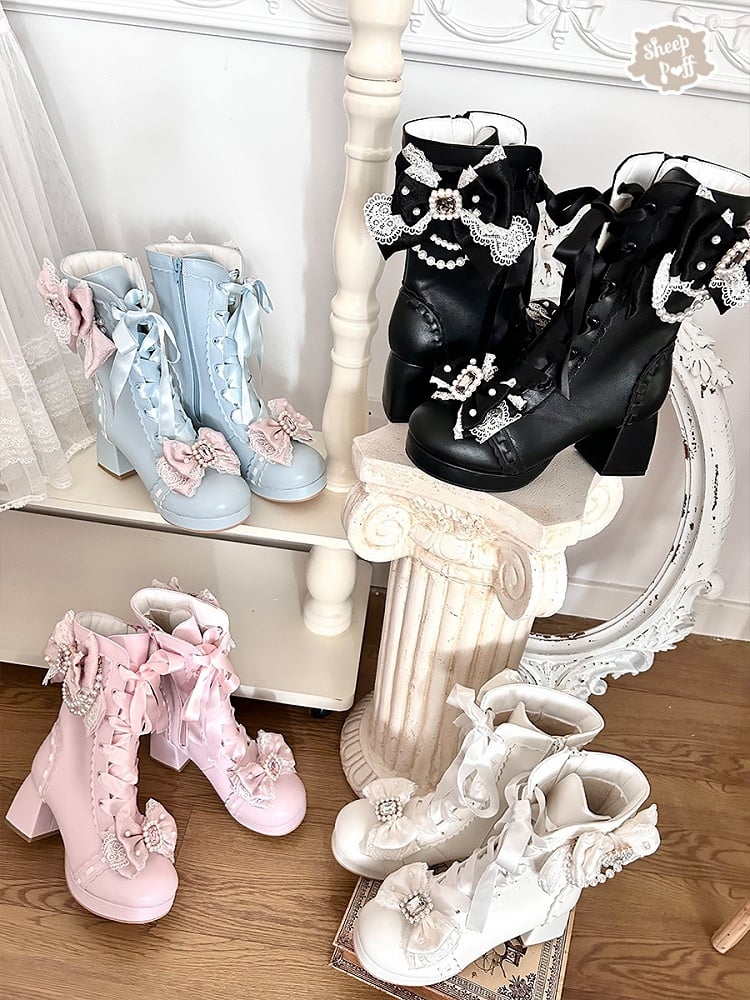 Black Sweet Lolita Boots with Beaded Bow - Sheep Puff