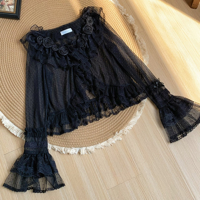 Top Black Trimming Flounce Long Sheer Dotted Sleeves Tulle