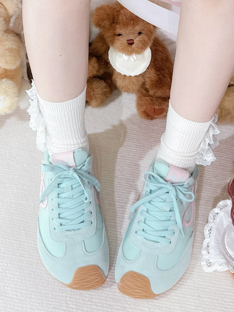 Green Front Bowknot Lace-up Design Sneakers Ties