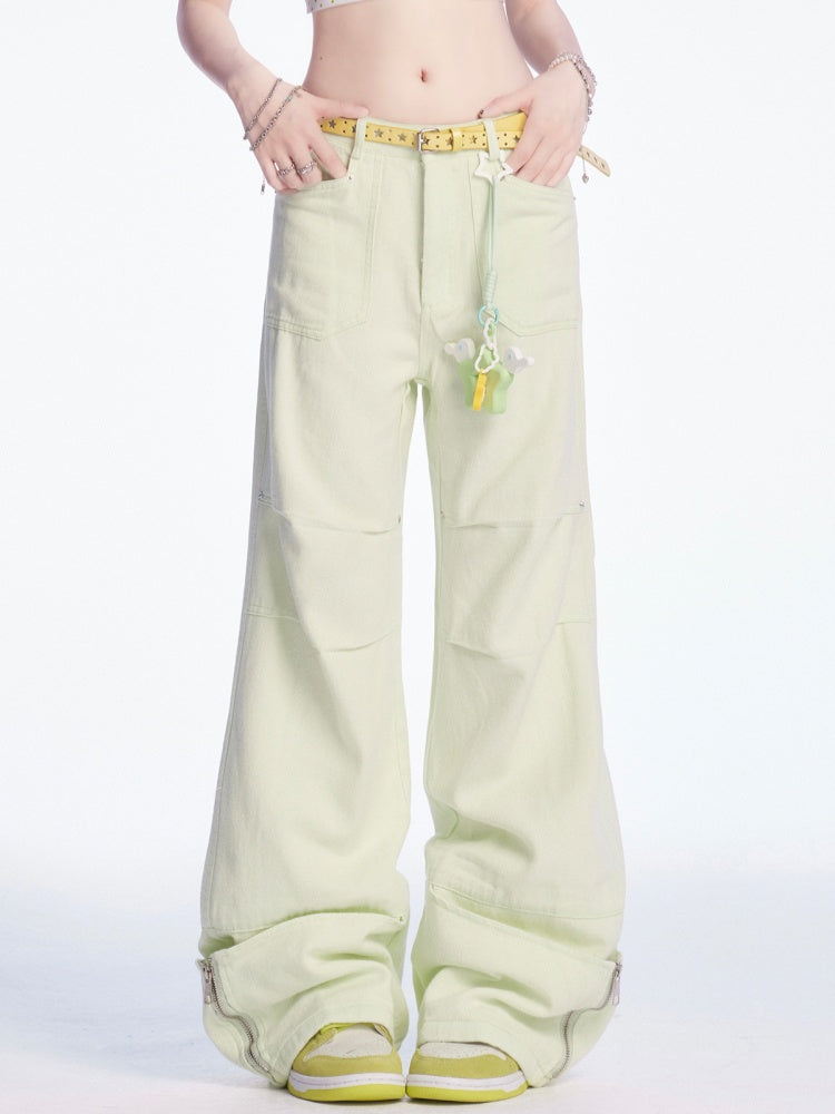 パンツ ライトグリーン ローウエスト ジップカフス ワイドレッグ カーゴ