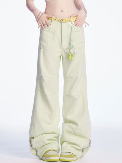 パンツ ライトグリーン ローウエスト ジップカフス ワイドレッグ カーゴ