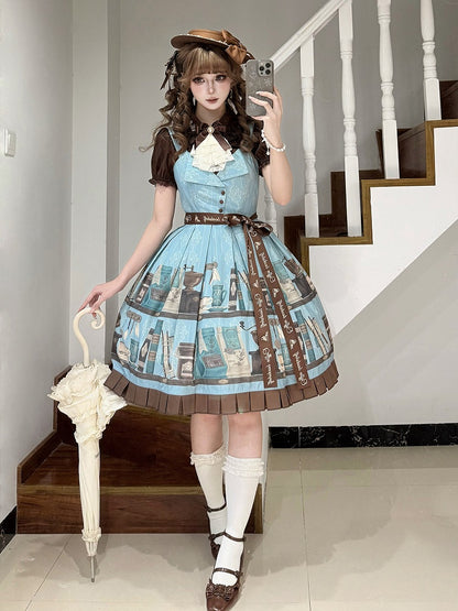 Blue Brown Coffee Cup Bookshelf Print Elegant JSK Dress Ruffled Hem - Dream Whale