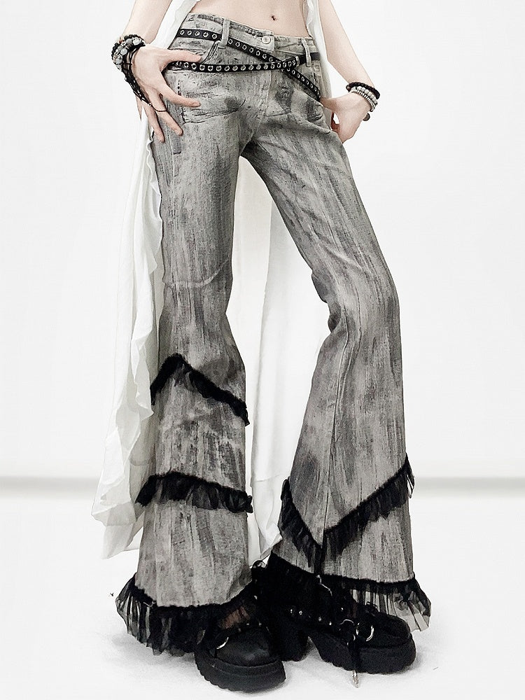 Bittersüße Trim Krawatte Grau Smoky Dye Jeans Silhouette Spitze Flare