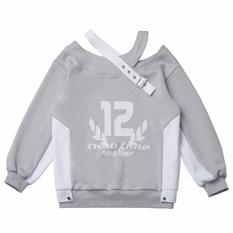 デザインカラーブロック グレー ホワイト アシンメトリーネックライン カットアウトショルダー スプリングスウェットシャツ