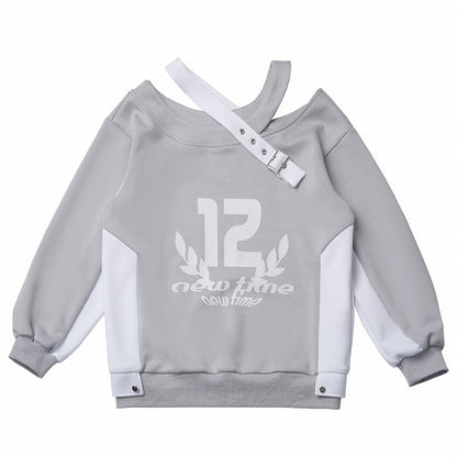 デザインカラーブロック グレー ホワイト アシンメトリーネックライン カットアウトショルダー スプリングスウェットシャツ