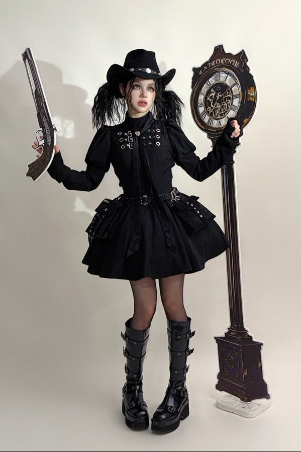 Steampunk Brown x Gothic Black Mode Buckle High Collar Puff Sleeve Doll Dress