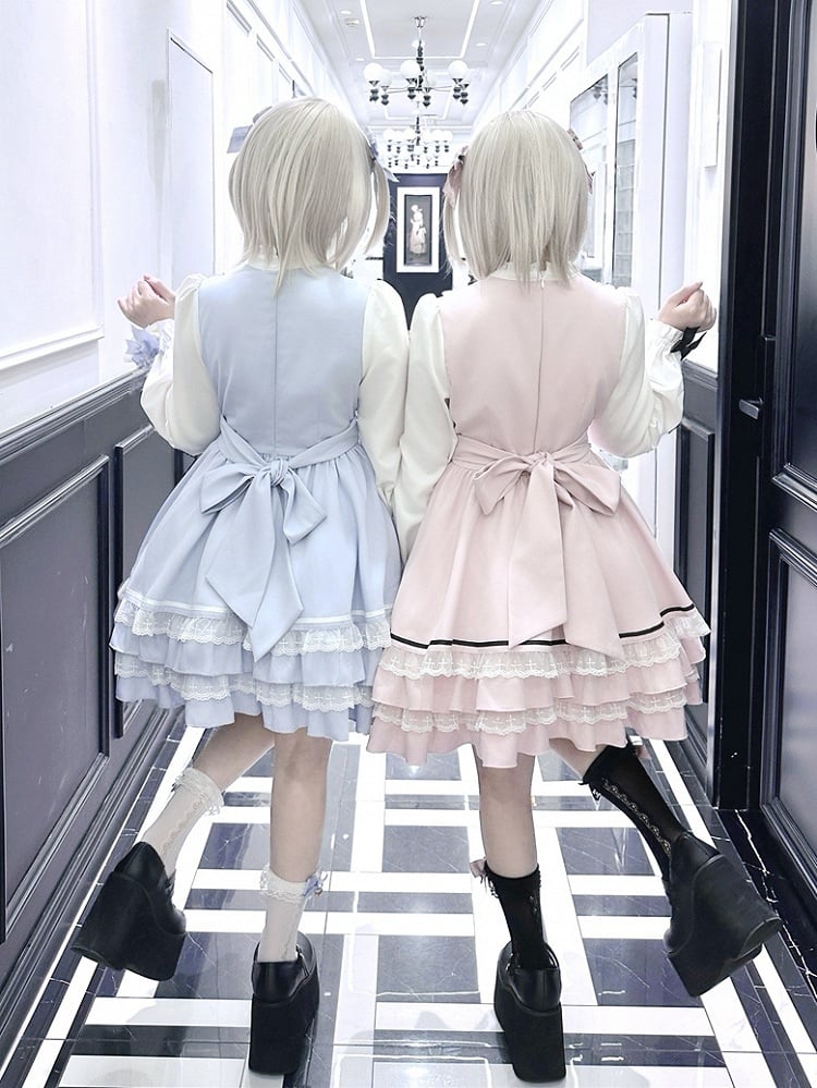 Jirai Pink Light Sweet Criss-Cross Dress Bodice Kei with Blue / Tiered Dreamy