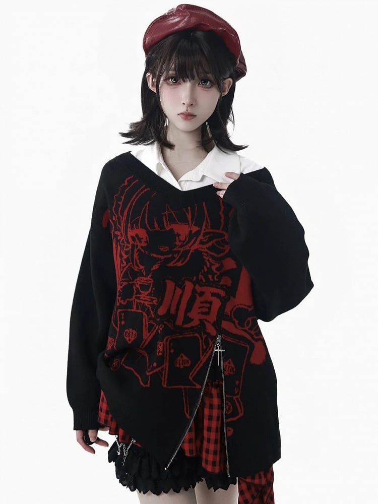 Pattern Zipper Hem Knit Sweater Girl New Loose-Fit Cartoon with Red/Black and Inspired Year