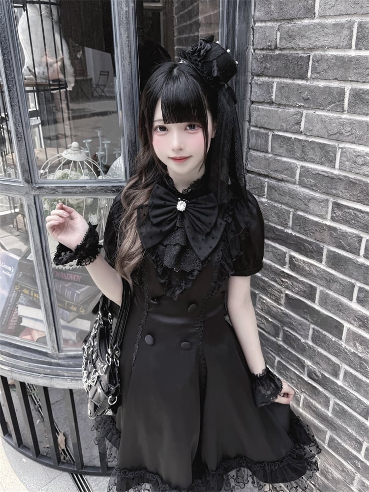 Back Bow Tie Black Ruffled Lace Trim Self-tie + Jirai Kei Chiffon Dress