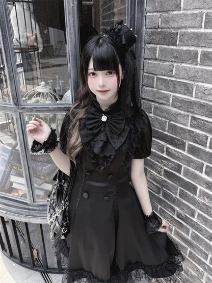 Back Bow Tie Black Ruffled Lace Trim Self-tie + Jirai Kei Chiffon Dress