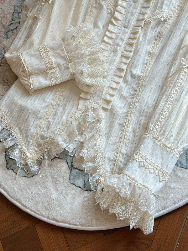 Sleeevs with Pleating Stand and Collar Lace Trim Blouse Beige Details Long